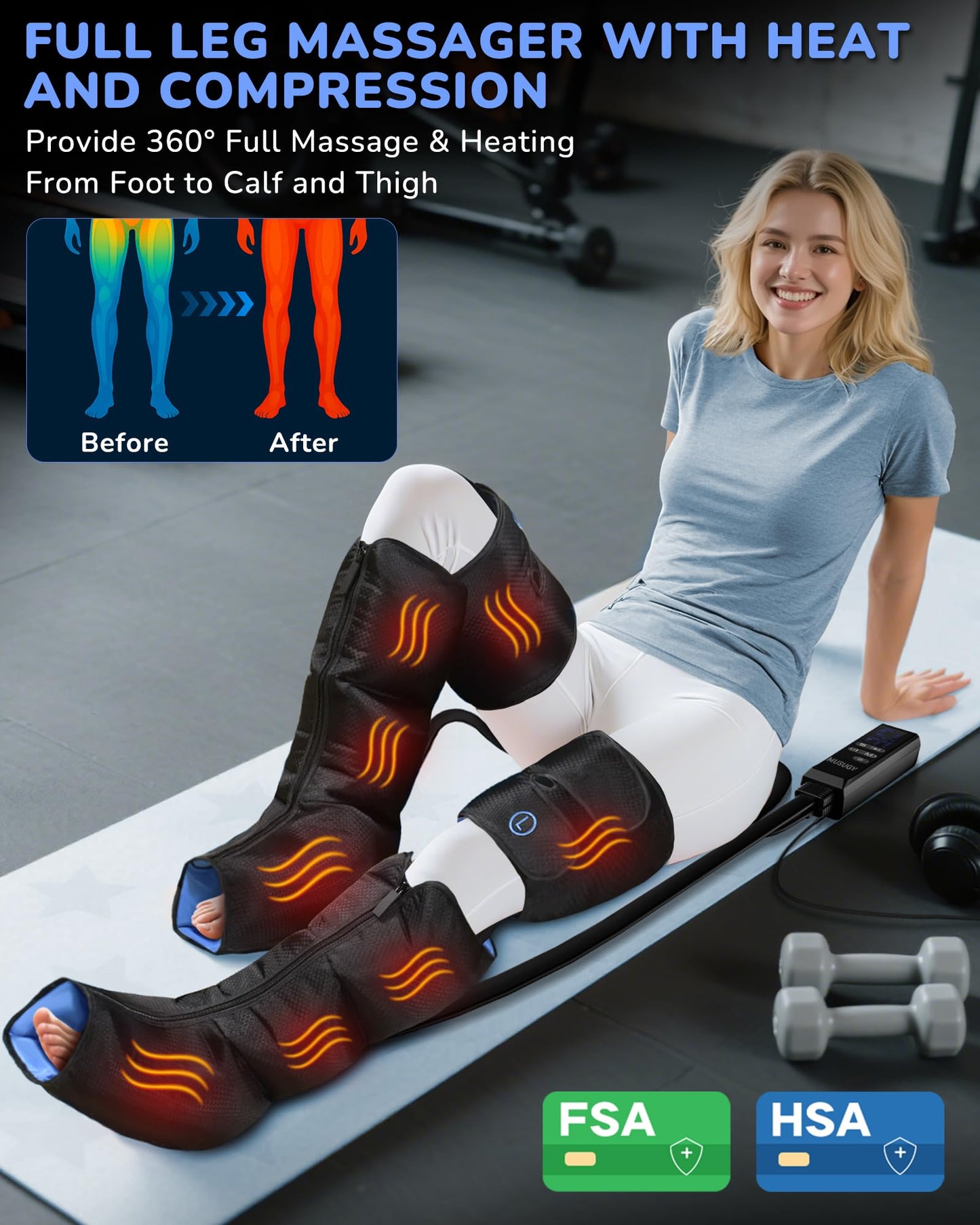 Musugy Leg Massager with Heat and Compression : Sequential Compression Boots with 6 Modes,9 Intensity and 3 Heat for Circulation and Pain Relief - Christmas Birthday Gifts for Mom, Dad, Athletes, Gym