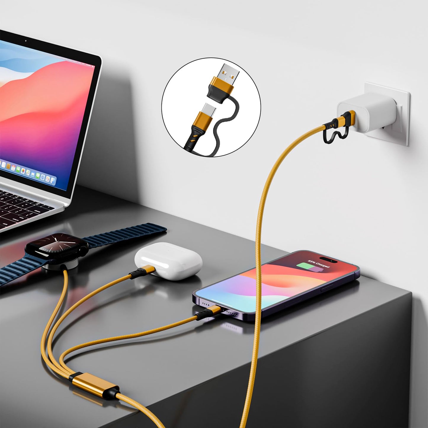 Multi 3 in 2 Charging Cable for Apple Watch Charger, Travel for iPhone Charger USB C Lightning Fast Charging Cable Compatible with iWatch Ultra/SE/9/8/7/6/5/4/3/2/1 & iPhone 15/14/13/12/11/Galaxy S23