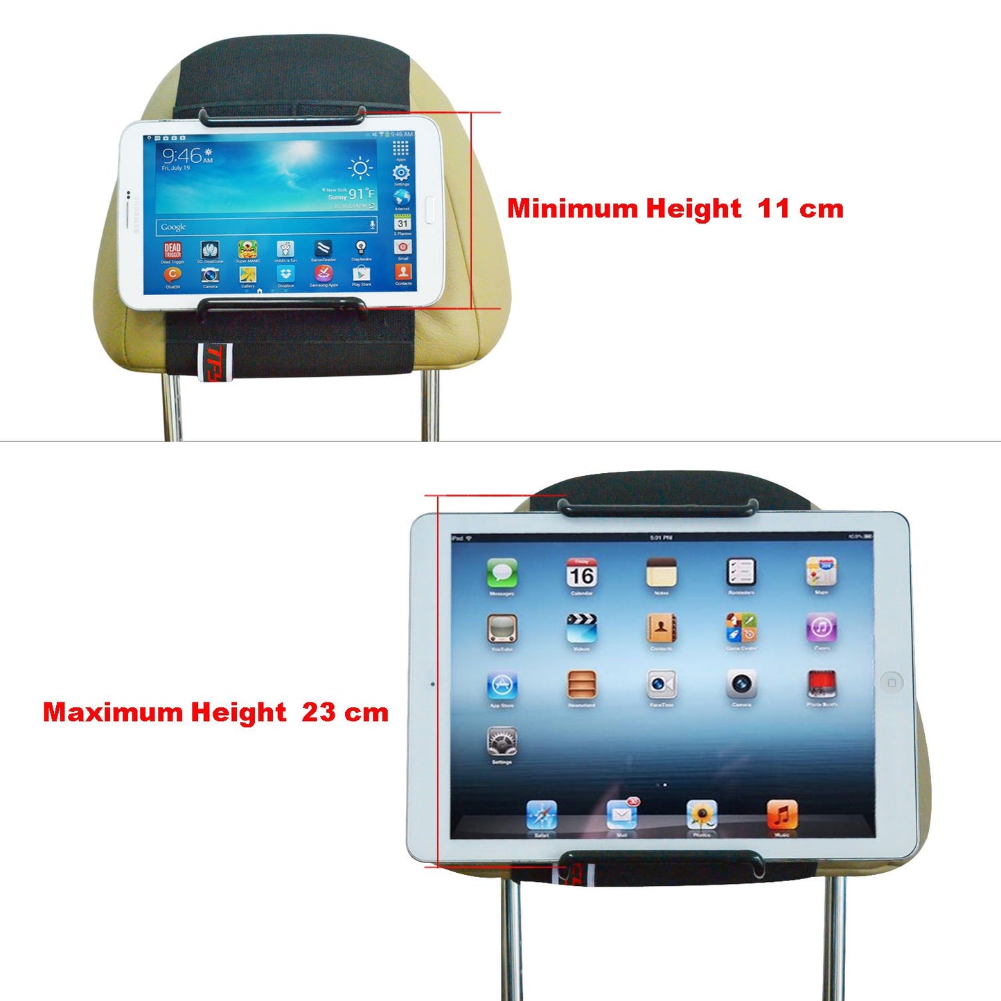 TFY Universal Car Headrest Mount, Fits 7-11 Inch Tablets - iPad, Samsung Galaxy Tab & Note, Adjustable Strap, Detachable, Portable, No Protruding Parts