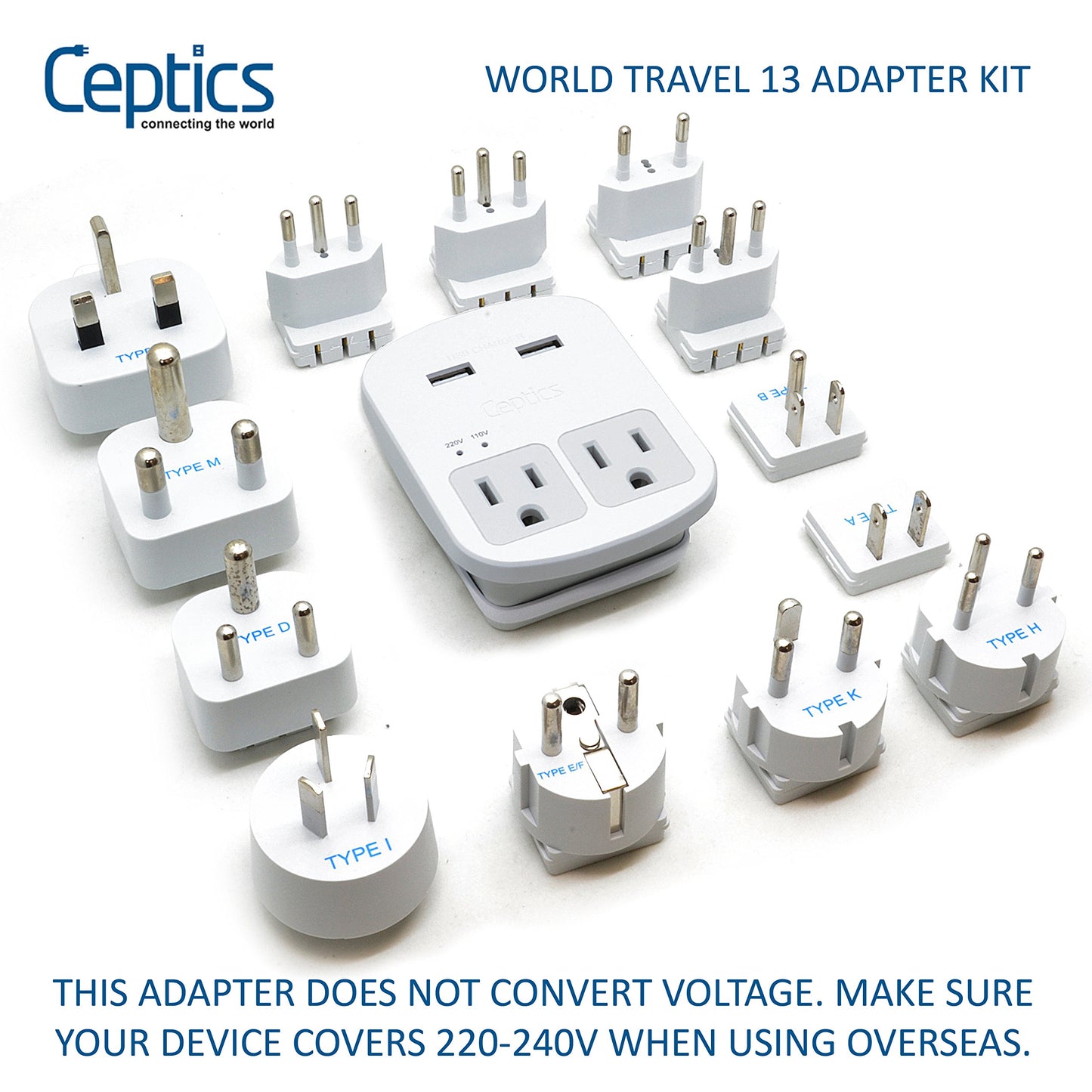 Ceptics International Plug Adapter Kit, World Safest Grounded 13 Adaptor Set Dual USB Ports - Travel Anywhere - Business Use - Perfect for Laptops, Cell Phones, Chargers - Surge Protection