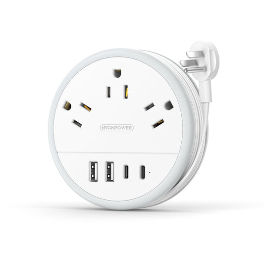 NTONPOWER Travel Power Strip, Travel Essentials, Cruise Essentials 3 Outlets 4 USB Ports(2 USB C), 4FT Wrapped Around Extension Cord for Travel Cruise Ship Beach Vacation Essentials White