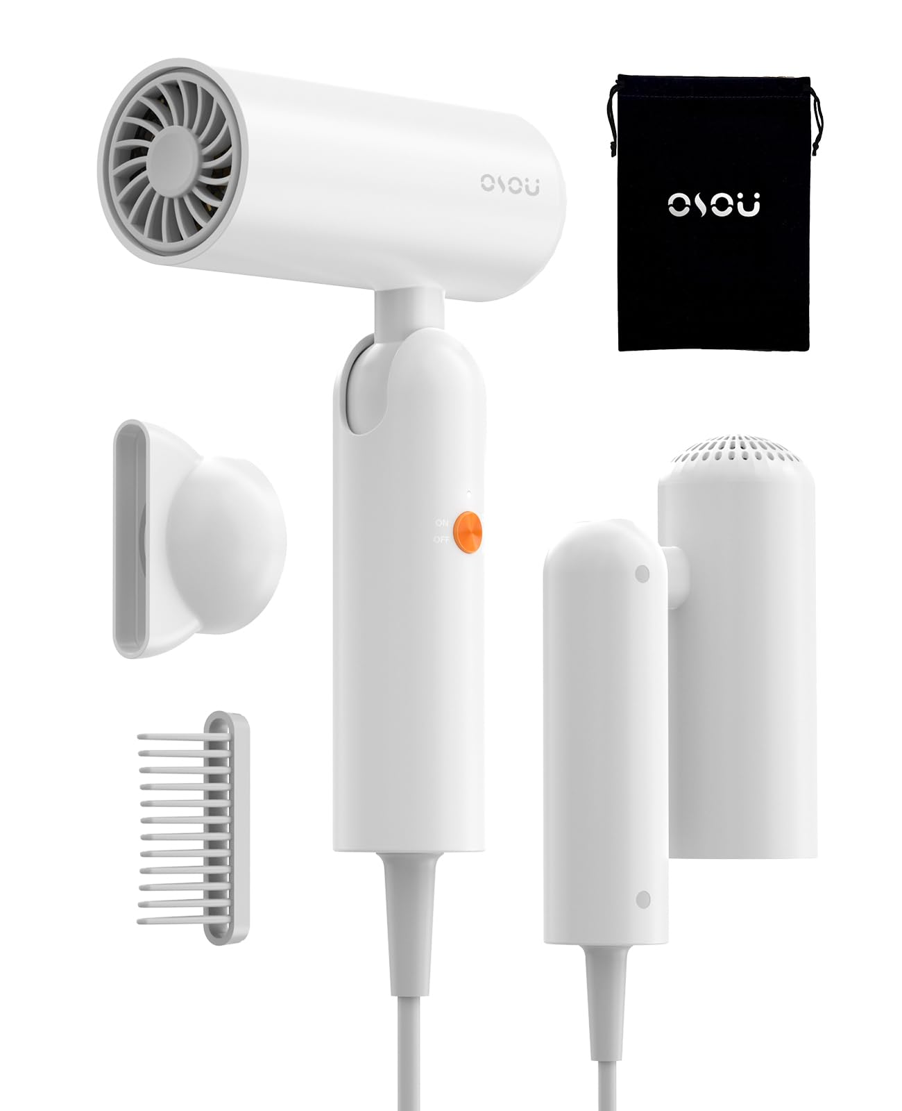 osou Travel Hair Dryer, Dual Voltage with Auto-Sensing, 1B Plasma Particles, 200times/s Temp Control, Portable Blow Dryer with Single-Sided Comb, White