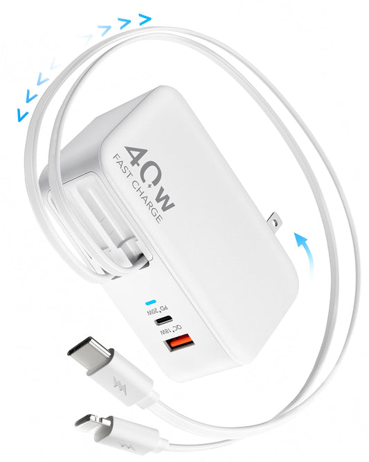 4-in-1 Retractable Gan Wall Charger Plug for iPhone 17 USB C,Travel Essentials Brick Multiport,3ft Lightening+ Type C Cables,40W Fast Charging Foldable Block for iPhone 17 Pro/16/15/14/13,iPad,Galaxy