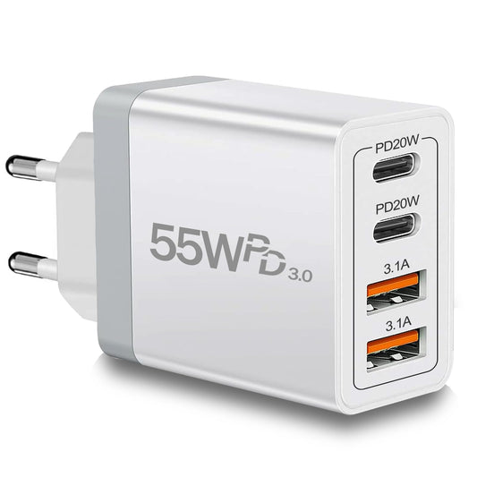 European Travel Plug Adapter USB C, 55W USB C European Charger 4-Port Fast Charger Type C Wall Charger USA to Europe Plug Adapter for iPhone 16 15 14 13 12 11 Pro Max XS X 8, Galaxy, Android