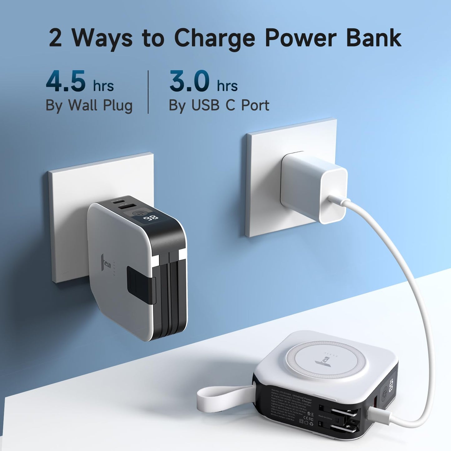 Powerpack Universal 5 in 1 Travel Power Bank - for Magsafe Battery Pack,10000mAh Power Bank with Built in Cable - Wireless Portable Charger for iPhone 15/15 Pro/ProMax, iPhone 14/13/12 Series