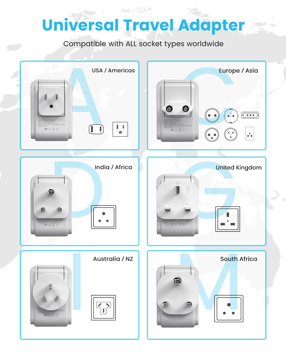 Universal Travel Adapter Kit, VINTAR International Plug Adapter with 3 USB Ports(2 USB C, 3.4A) and 2 American Outlets, Type A,C,G,D,I,M Detachable Attachments, Adapter for US/EU/UK/India/AUS/Africa