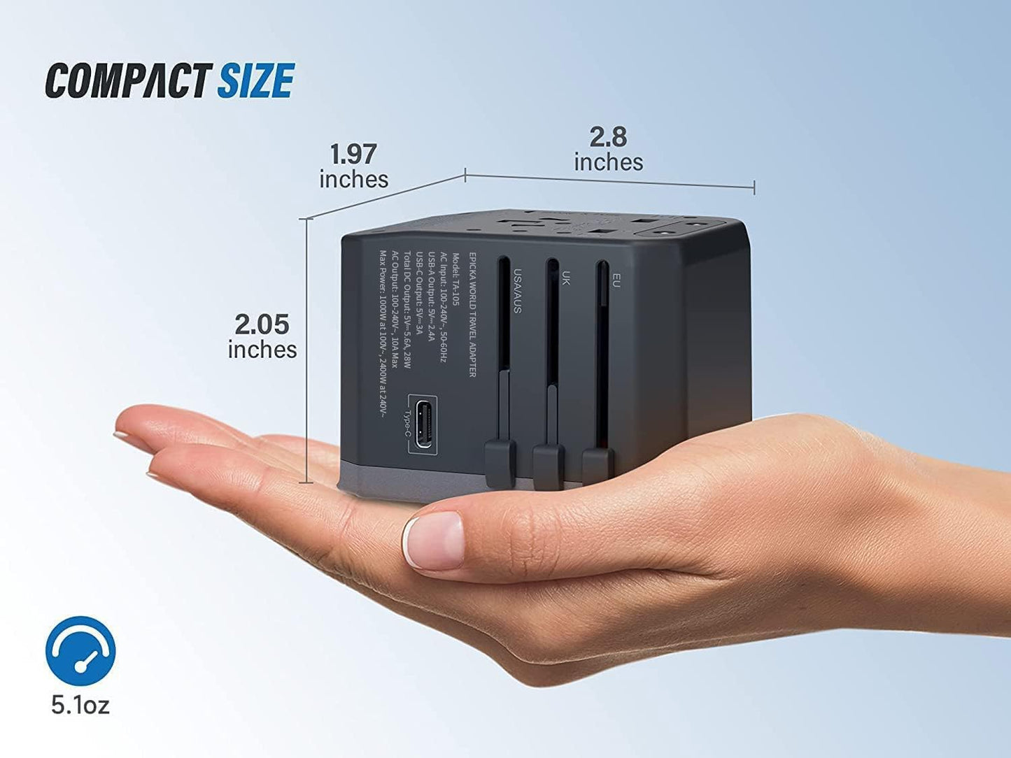 EPICKA Universal Travel Adapter, European Travel Plug Adapter (Not a Voltage Converter) - International Power Adapter Worldwide Charger with USB-C & 4 USB-A Ports, Travel Essentials (TA-105, Grey)
