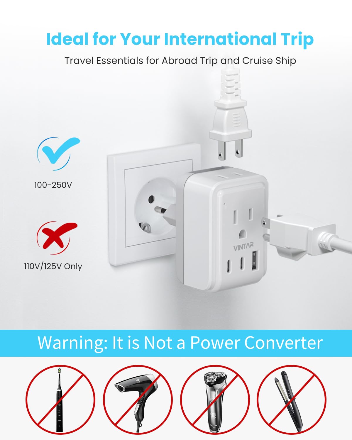 Universal Travel Adapter Kit, VINTAR International Plug Adapter with 3 USB Ports(2 USB C, 3.4A) and 2 American Outlets, Type A,C,G,D,I,M Detachable Attachments, Adapter for US/EU/UK/India/AUS/Africa