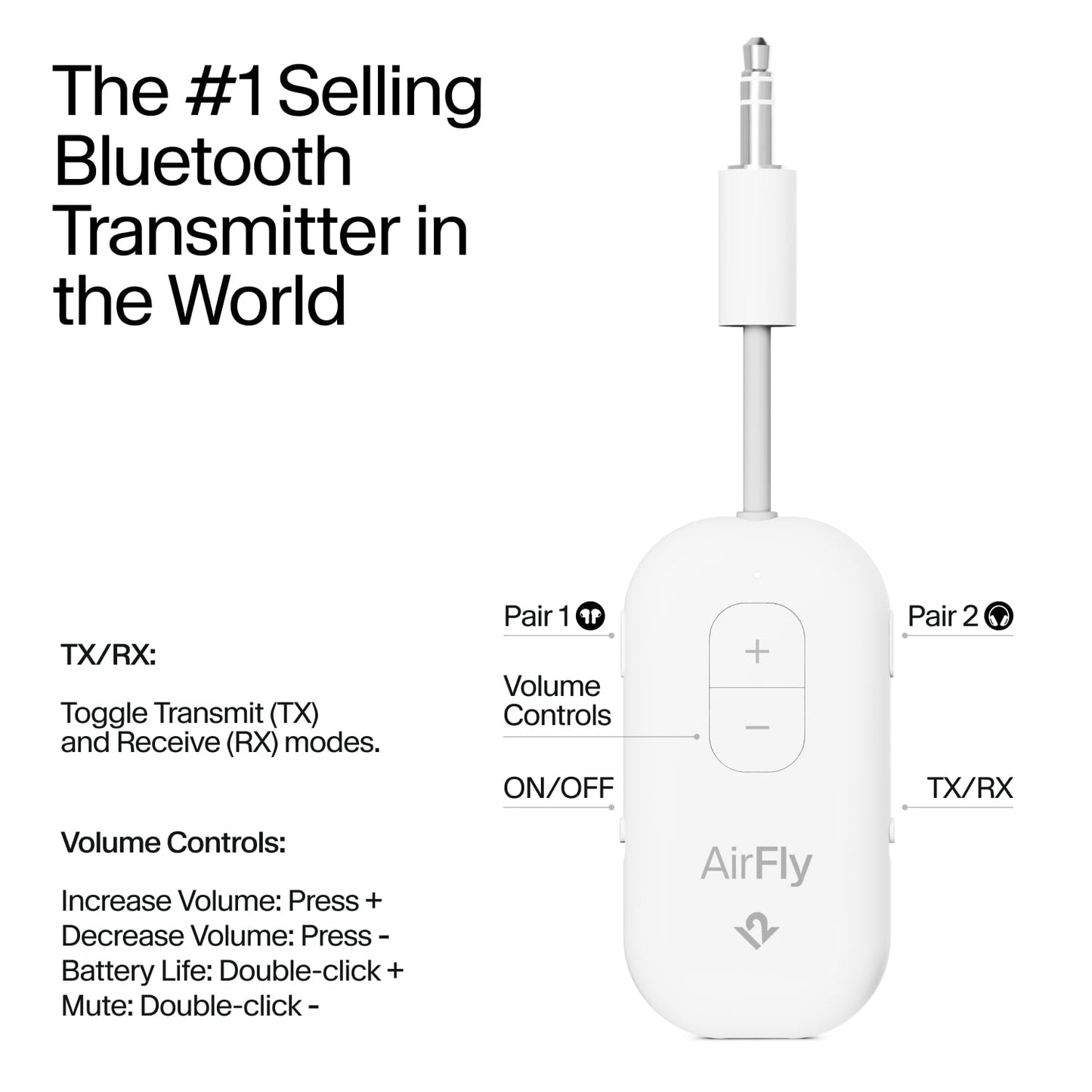 AirFly Pro 2 – Bluetooth Adapter for Airplane, Pair 2 AirPods or Wireless Headphones – 3.5mm AUX Bluetooth Transmitter and Receiver for Cars, Boats, Treadmills, TVs & More – Airplane Travel Essentials