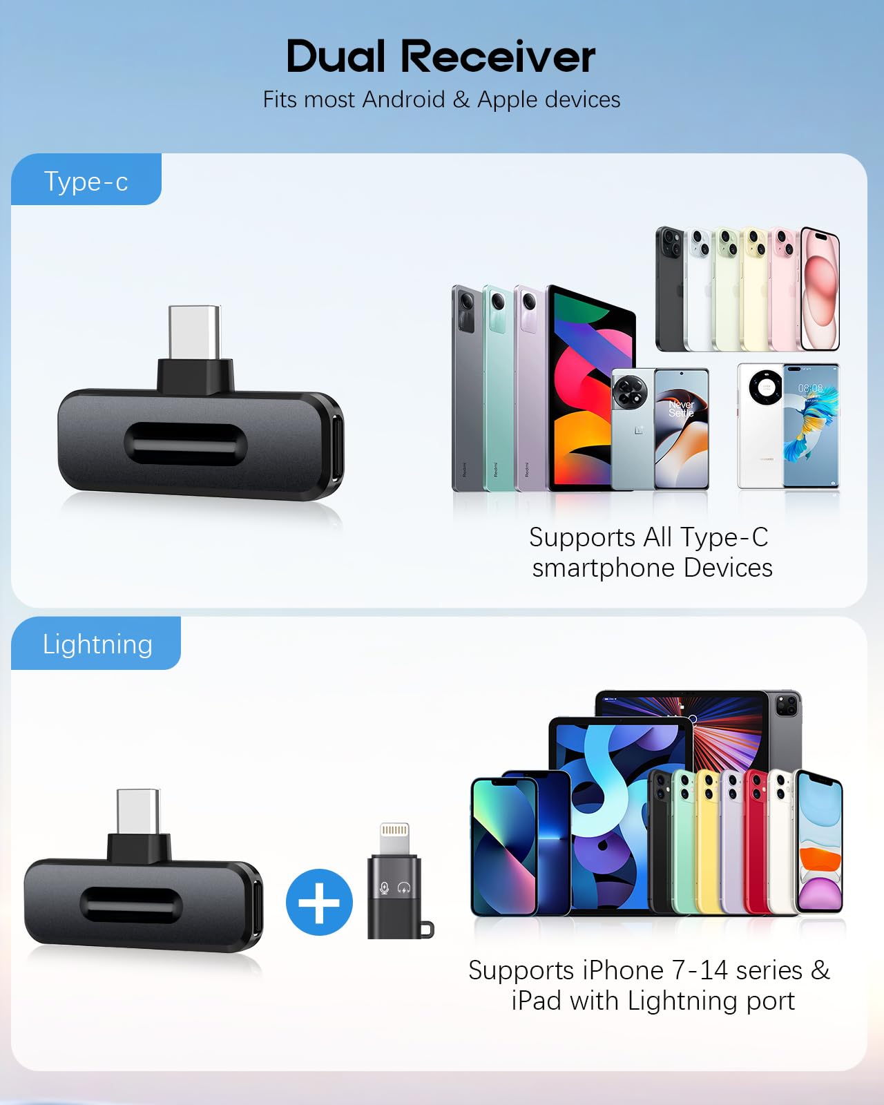 Professional Wireless Mini Microphone for iPhone - 2 Pack Lavalier bluetooth Microphone for Video Recording, 2 In 1 Noise Reduction Lapel Mic for Ipad, Android, Mini Mic for Content Creators Podcast