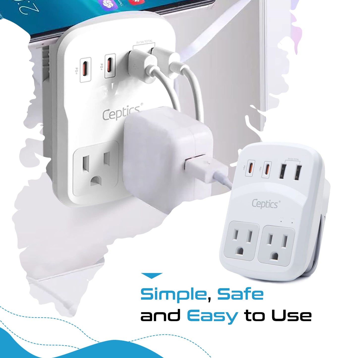 Ceptics World Travel Adapter Kit 2 USB-A, USB-C US Outlets, 20W/QC 18W Power Delivery, Surge Protection, SWADAPT Compatible for Europe, UK, China, Australia, Japan Perfect Laptop (WPS-5B)