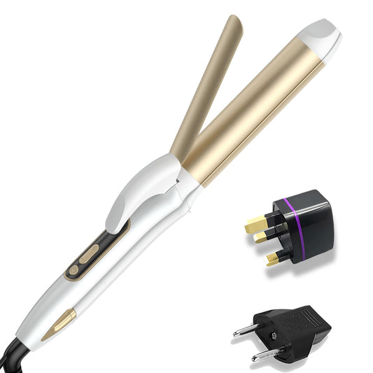 Travel Curling Iron, 2 in 1 Dual Voltage (110V-240V) 1.25 Inch Normal Size Hair Curler and Straightener Ceramic with EU/UK Plug Adapter Curling Wand Adjustable Temperature and Anti-Tangle (Gold)