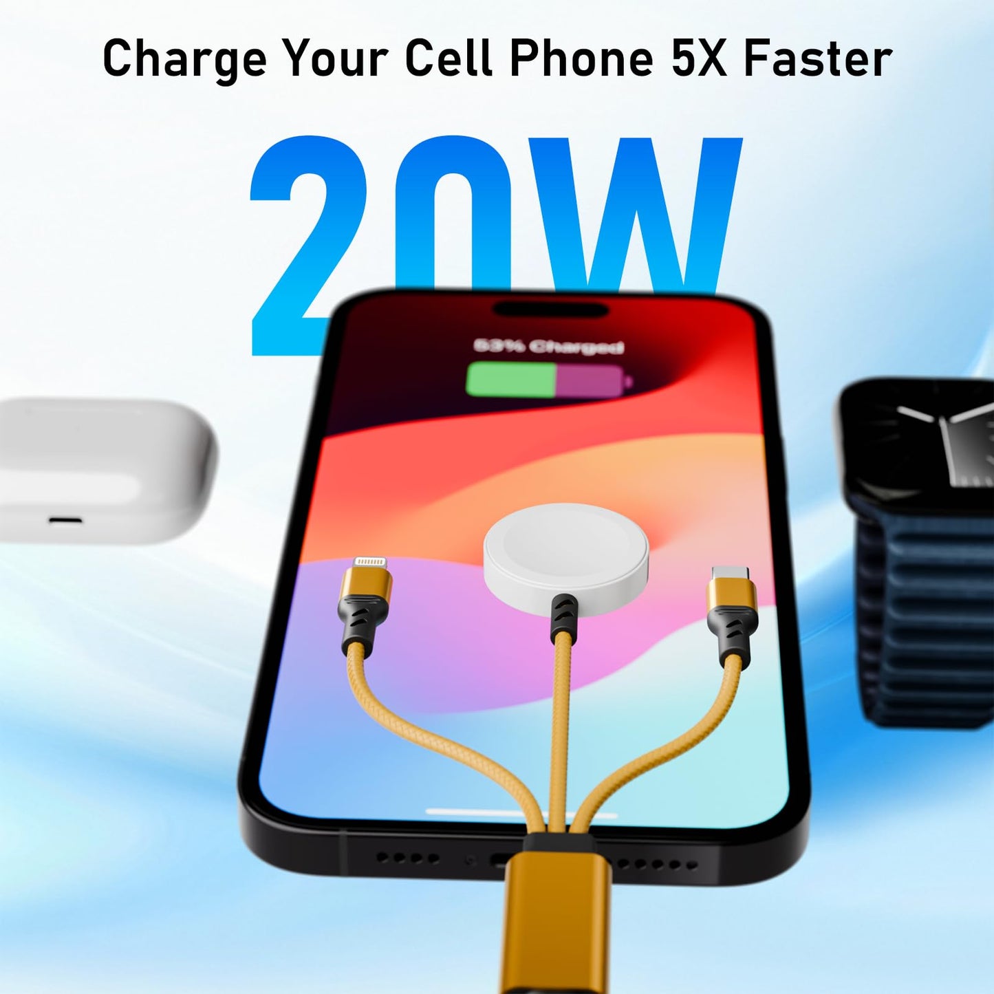 Multi 3 in 2 Charging Cable for Apple Watch Charger, Travel for iPhone Charger USB C Lightning Fast Charging Cable Compatible with iWatch Ultra/SE/9/8/7/6/5/4/3/2/1 & iPhone 15/14/13/12/11/Galaxy S23
