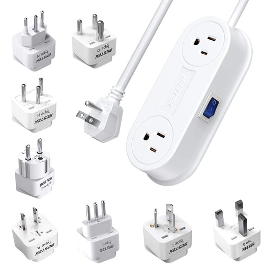 BESTEK Worldwide Travel Plug Adapter, Vertical Cube Mountable Power Strip with 2 Outlets, 3 USB Ports, 5ft Extension Cord, Detachable Base, for USA to Type G Countries, Worldwide, Ireland, Hong Kong