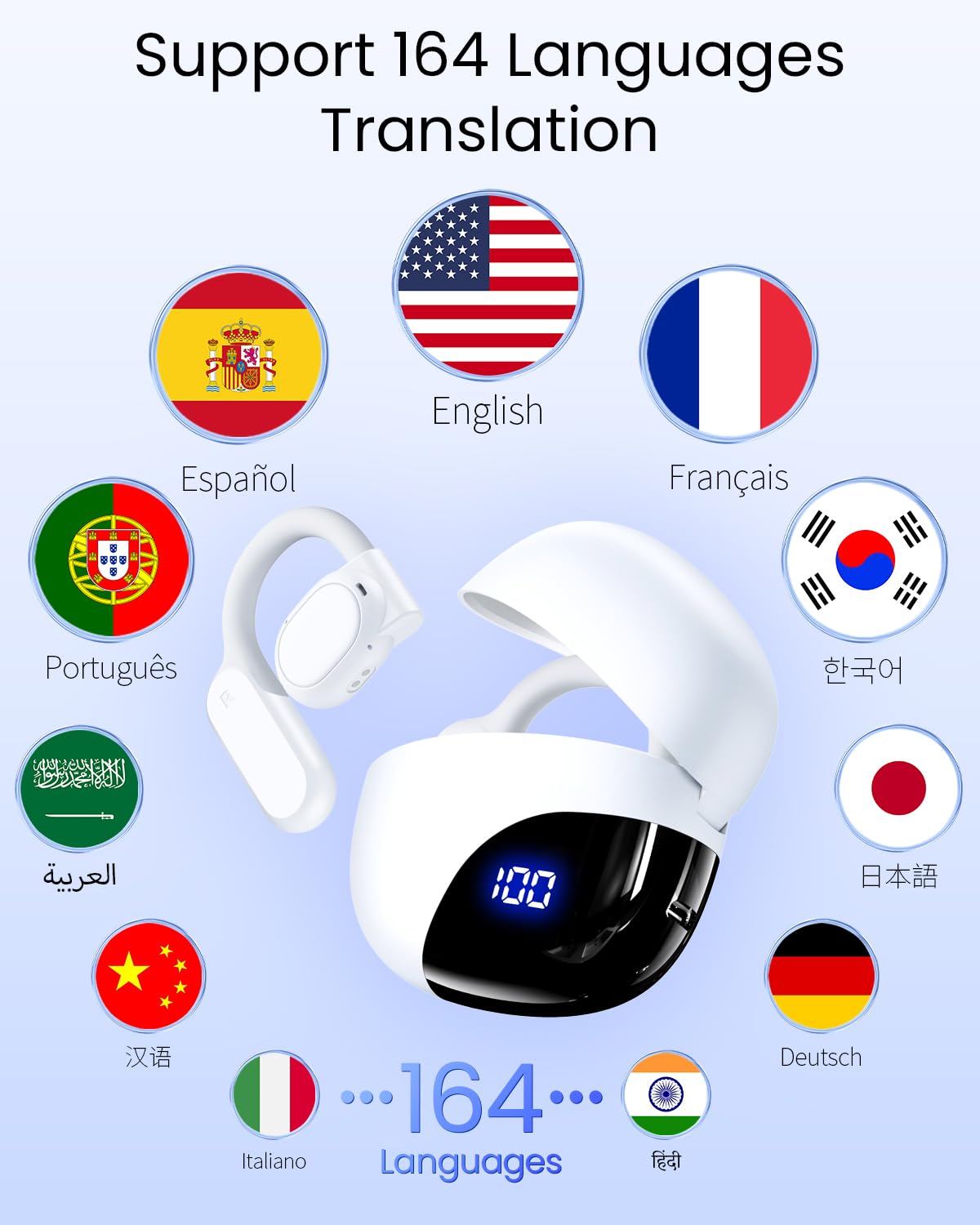 AI Translation Earbuds Real Time with LED Display White