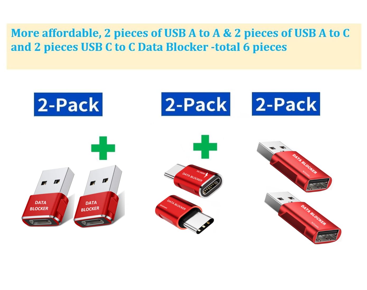 BUISAMG Data Blocker, USB A & USB C Data Blocker for iphone15 16 and Any USB C Mobile Phone Charge, Protect Against Juice Jacking, Refuse Hacking, Data Blocker Only Charging (Red)
