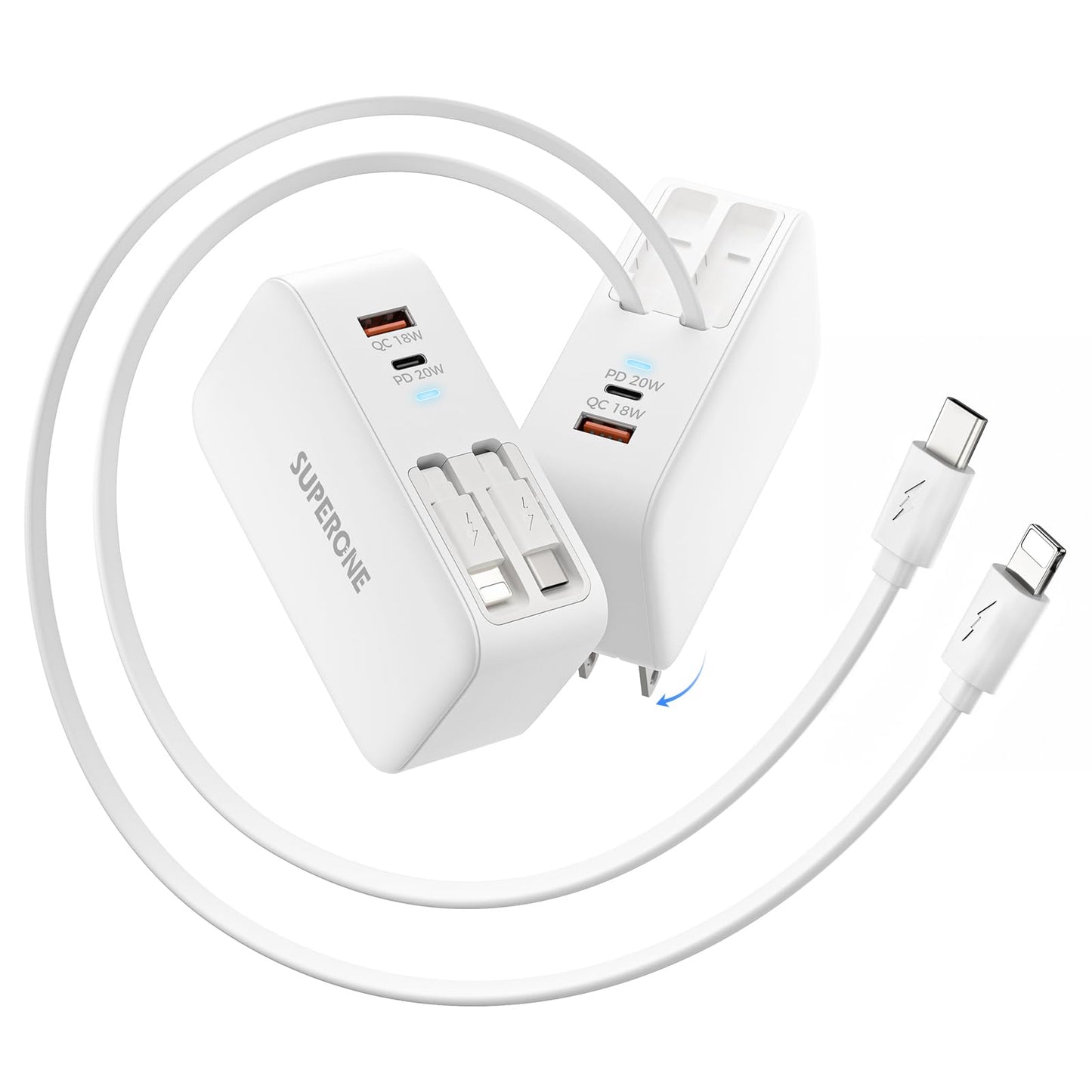 SUPERONE Retractable iPhone Charger, 4-Port USB C Charger Block, iPhone Chargers Fast Charging with USB C & Apple Cable, Wall Chargers for iPhones 17/16/15/14/13/12/11 Series, Pad, Samsung, Pixel