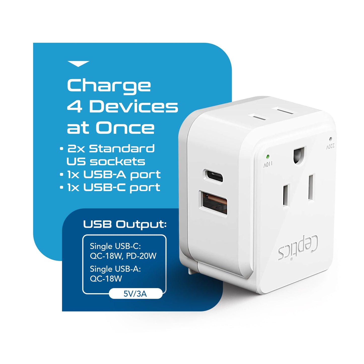 Ceptics South Africa Power Adapter Travel Set - 20W PD & QC, Fast & Safe with Dual USB & USB-C - 2 USA Outlet - Use All Over Africa, Zimbabwe, Morocco - Includes Type E/F, M, G SWadAPt Attachments