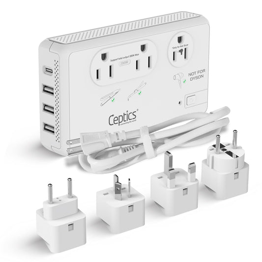 Ceptics Voltage Converter for Travel, 220V to 110V Converter w/Type C, E/F, G, I Plugs, 2000W Outlet for Hair Dryers, 4 USB w/ 1 USB-C PD 18W Fast Charge, for Curling Iron, Straightener, Chargers