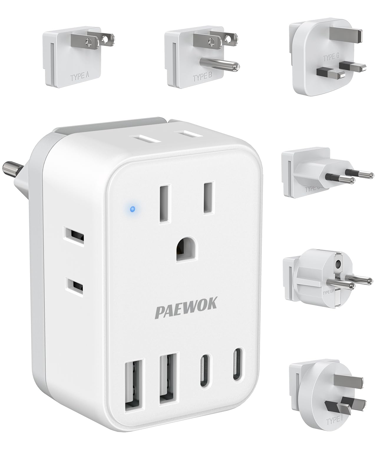 International Power Adapter Set, US to EU/UK/AUS/Japan Universal Travel Adapter- 4 AC Outlets 4 USB Ports (2 USB C), Worldwide Travel Plug Adapter Kit Include Type F/G/I/C/B/A Detachable Charger Plug