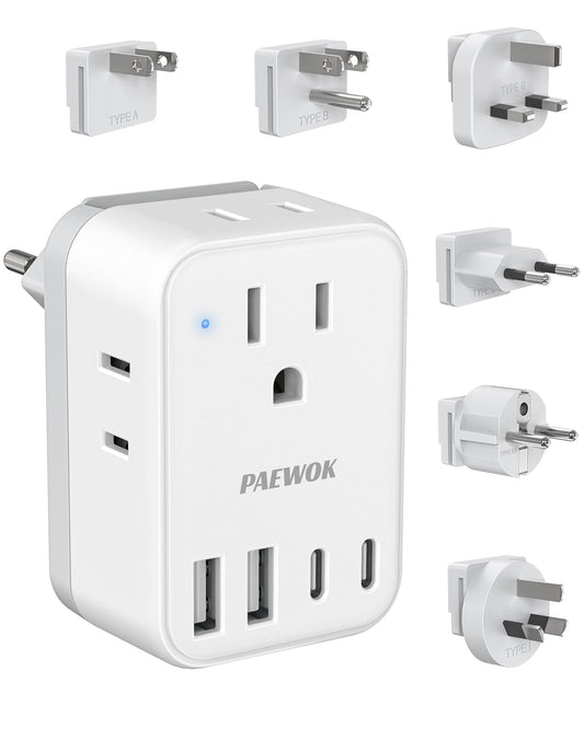 International Power Adapter Set, US to EU/UK/AUS/Japan Universal Travel Adapter- 4 AC Outlets 4 USB Ports (2 USB C), Worldwide Travel Plug Adapter Kit Include Type F/G/I/C/B/A Detachable Charger Plug