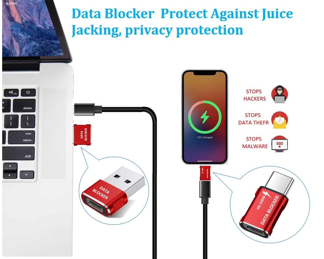 BUISAMG Data Blocker, USB A & USB C Data Blocker for iphone15 16 and Any USB C Mobile Phone Charge, Protect Against Juice Jacking, Refuse Hacking, Data Blocker Only Charging (Red)