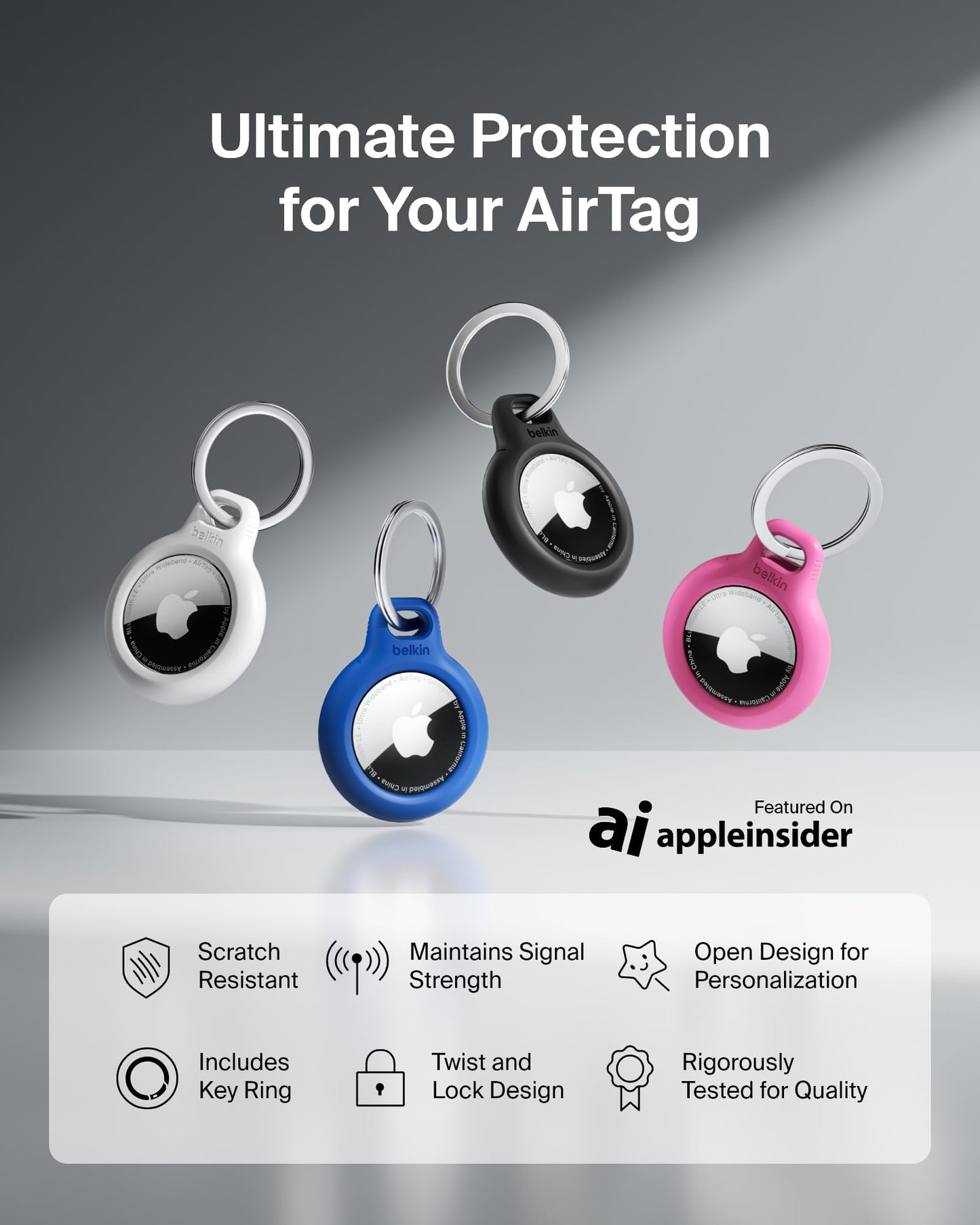 Belkin Apple AirTag Secure Holder with Key Ring - Durable Scratch Resistant Case With Open Face & Raised Edges - Protective AirTag Keychain Accessory For Keys, Pets, Luggage, Backpacks - Blue