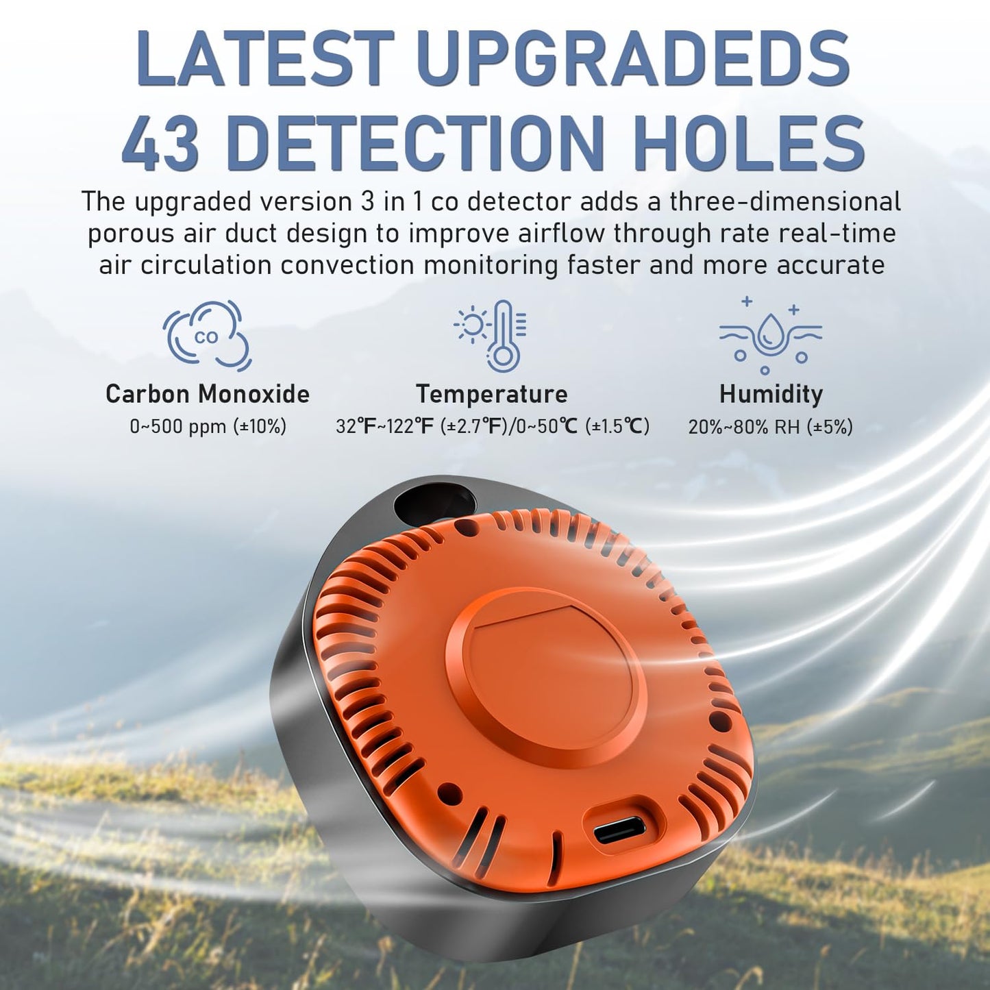 Portable Carbon Monoxide Detectors for Travel 3-in-1 Square Carbon Monoxide Monitor with 43 Detection Holes, RV CO Detector Alarm Temp/Humidity Sensor for Home, Camping & Travel Tent Car