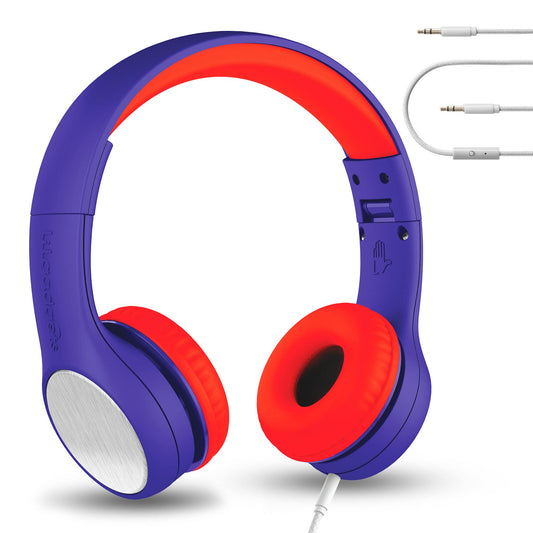 LilGadgets Connect+ Style On-Ear Kids Headphones with Microphone - SharePort Technology, SoftTouch Padding, Detachable Cable, Noise Reduction, Durable & Adjustable - Blue/Red Headphones for Kids