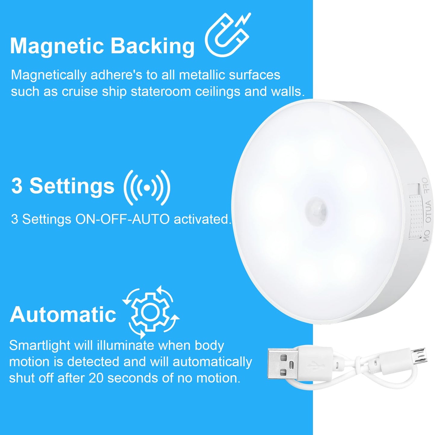Glooglitter 2 Pcs Magnetic Cruise Ship Motion Sensor Light with USB Cable LED Rechargeable Night Light Battery Nightlight Safe Cordless Night Light for Cruise Ship Cabin Hallway Bathroom, Warm White
