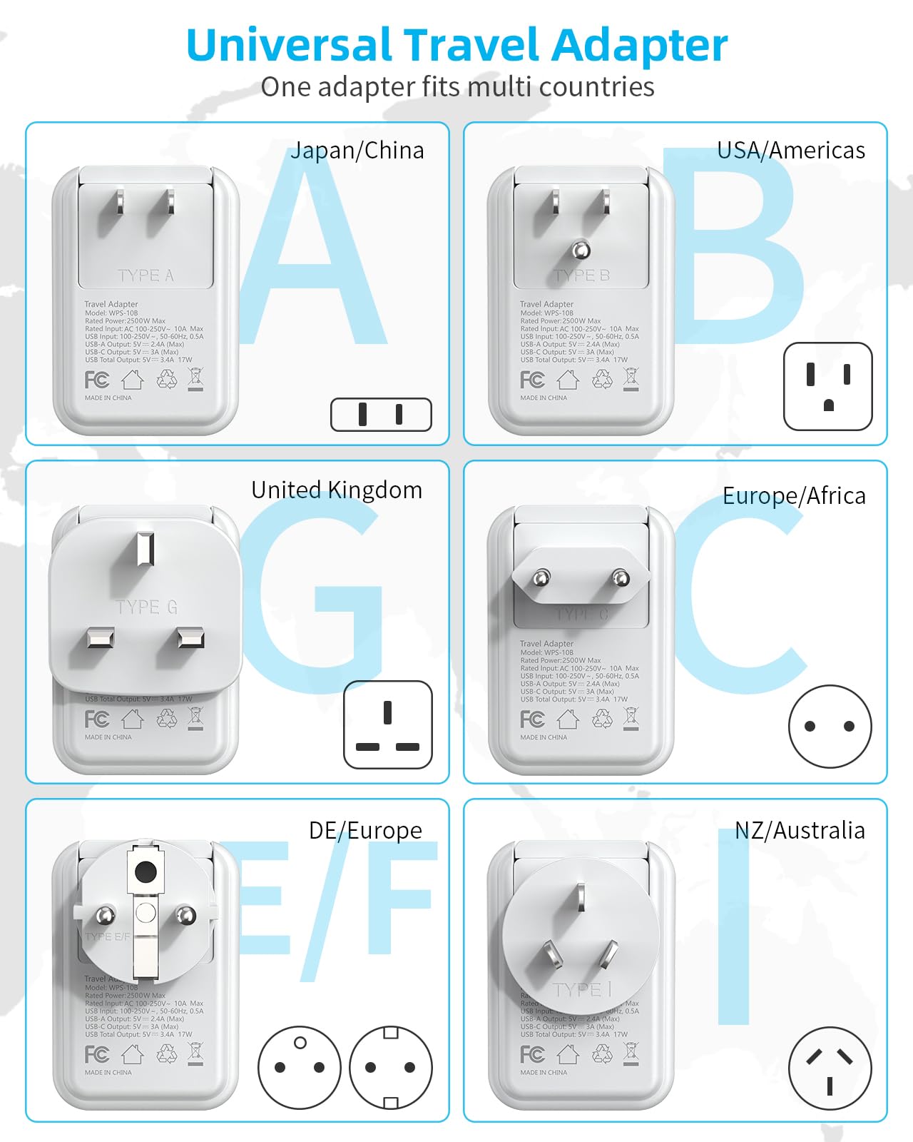 International Power Adapter Set, US to EU/UK/AUS/Japan Universal Travel Adapter- 4 AC Outlets 4 USB Ports (2 USB C), Worldwide Travel Plug Adapter Kit Include Type F/G/I/C/B/A Detachable Charger Plug