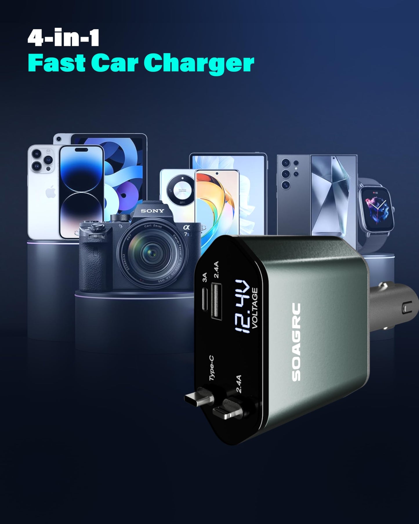 Soagrc Retractable Car Charger 69W, 4 in 1 Fast Charging Car Accessories for iPhone 16/15/14, Android Compatible, USB C, Travel Essentials Gifts for Men & Women