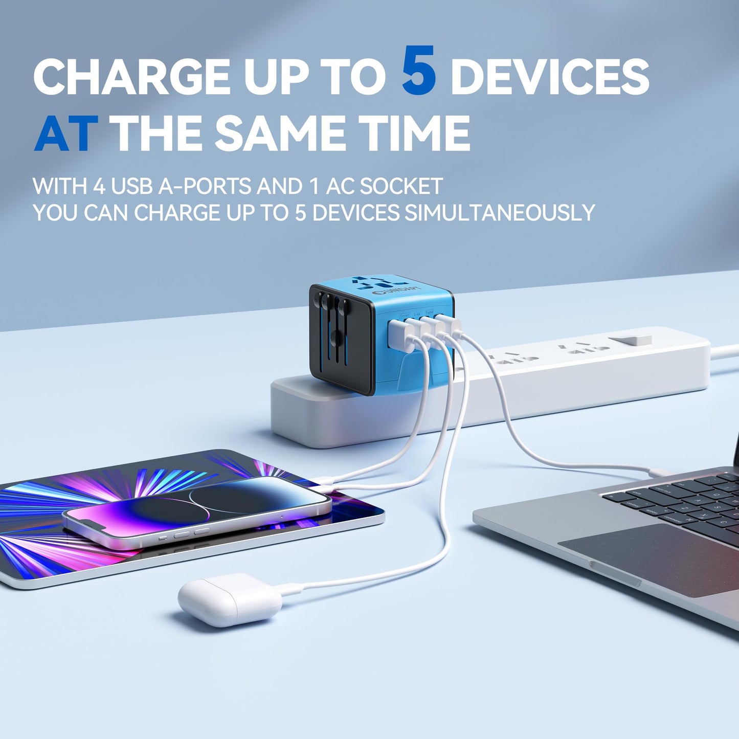 Unidapt Universal Travel Adapter, International Plug Adapter Fast 2,4A 4-USB European Power Plug, AC Wall Charger – Worldwide Outlet for Europe US USA UK EU AUS, Blue