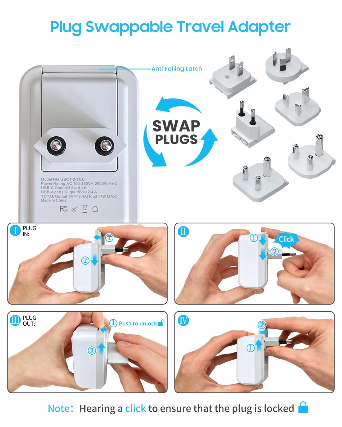 Universal Travel Adapter Kit, VINTAR International Plug Adapter with 3 USB Ports(2 USB C, 3.4A) and 2 American Outlets, Type A,C,G,D,I,M Detachable Attachments, Adapter for US/EU/UK/India/AUS/Africa