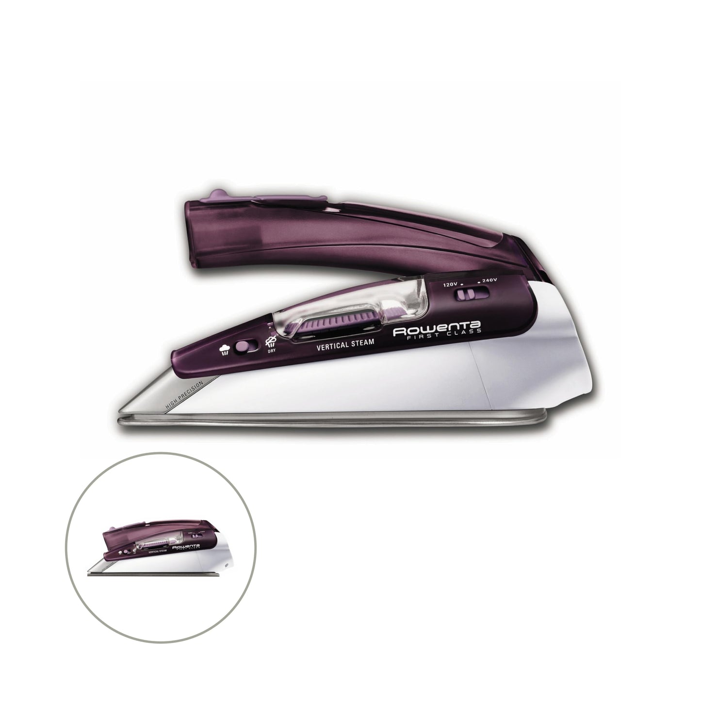 Rowenta Travel Iron, Pro Compact Stainless Steel Soleplate Hand Held Steamer Iron for Clothes, 200 Microsteam Holes, 1000 Watts Ironing, Fabric Steamer, Dual Voltage, Mini Iron, Purple, DA1560
