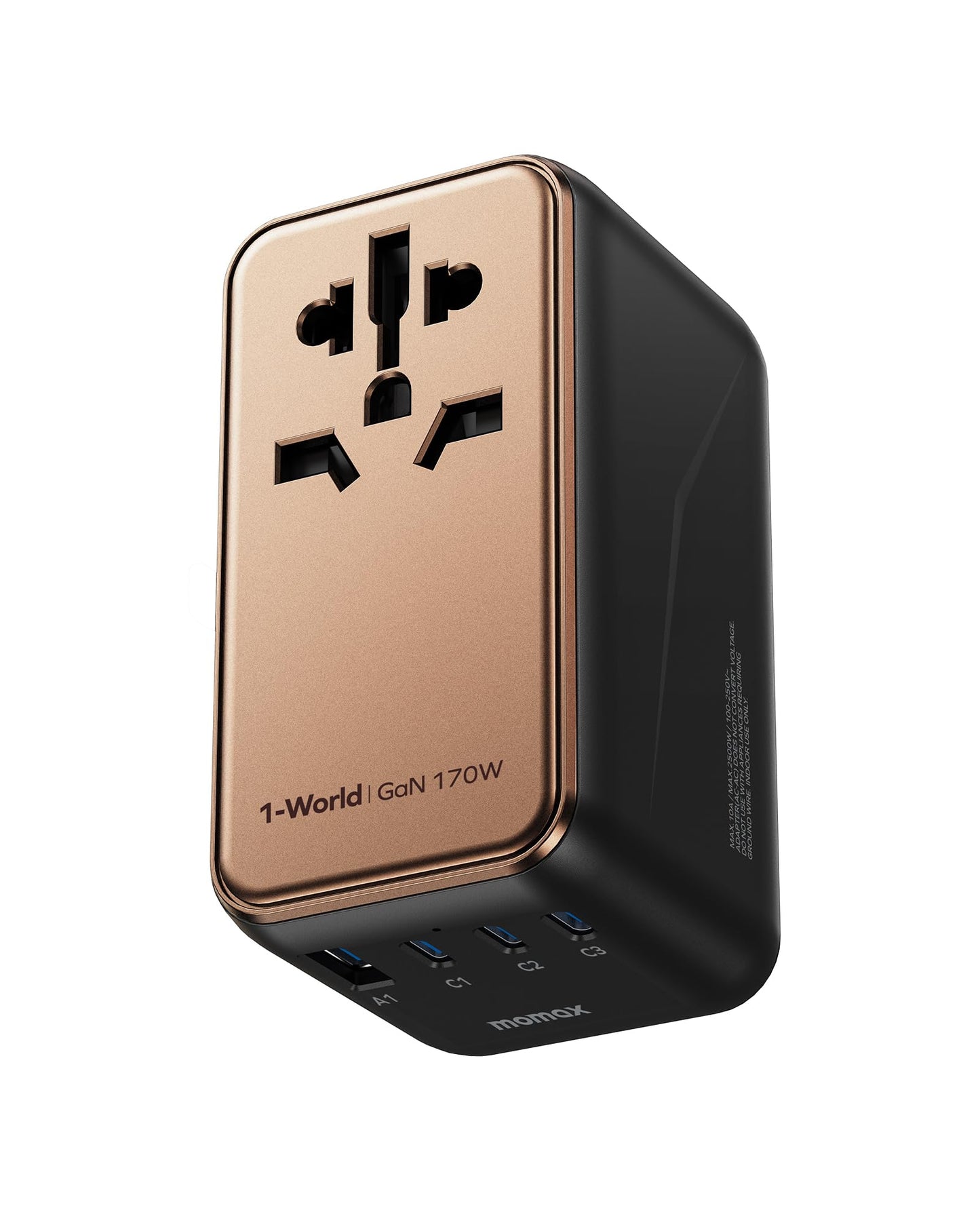 MOMAX Universal Travel Adapter, 170W GaN International Power Adapter, 2 USB-C 2 USB-A, Worldwide Travel Plug Adapter, International Power Adapter for Most Europe, USA, Japan, Australia (Type C/A/G/I)