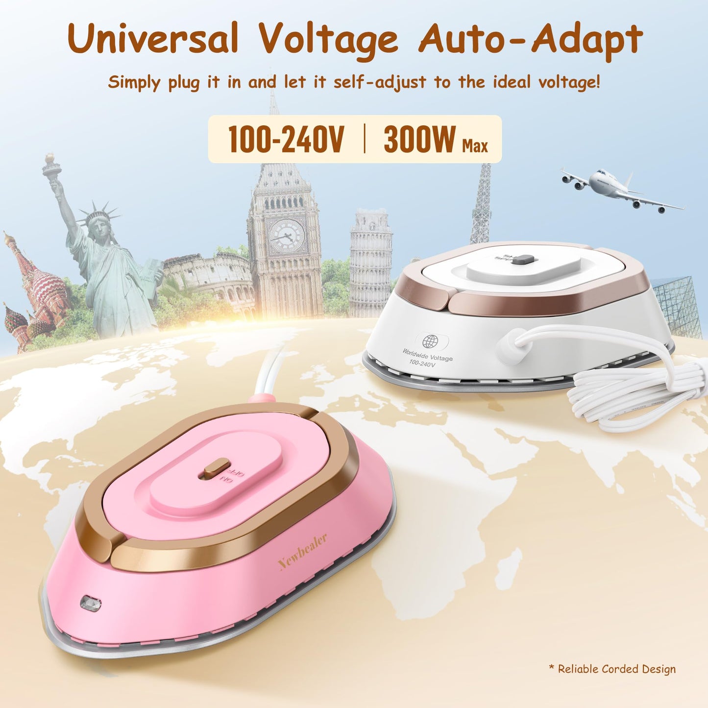 Newbealer Travel Iron with Dual Voltage - 120V/220V Lightweight Dry Iron for Clothes (No Steam), Non-Stick Ceramic Soleplate, 302℉ Heat Press Machine, w/Spray Bottle, Pouch & Silicone Stand (White)