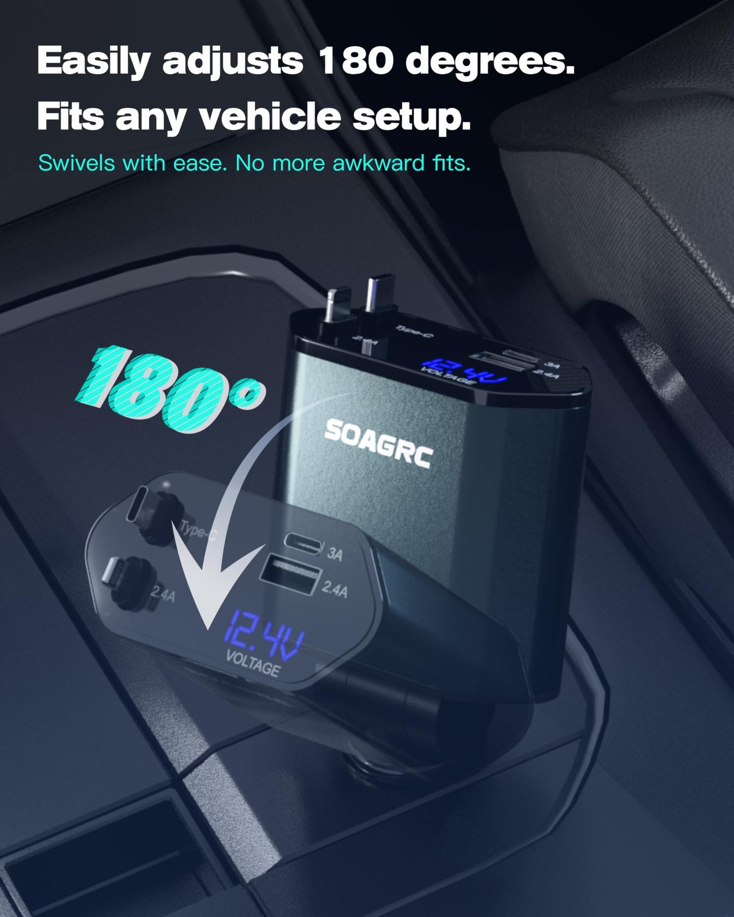 Soagrc Retractable Car Charger 69W, 4 in 1 Fast Charging Car Accessories for iPhone 16/15/14, Android Compatible, USB C, Travel Essentials Gifts for Men & Women