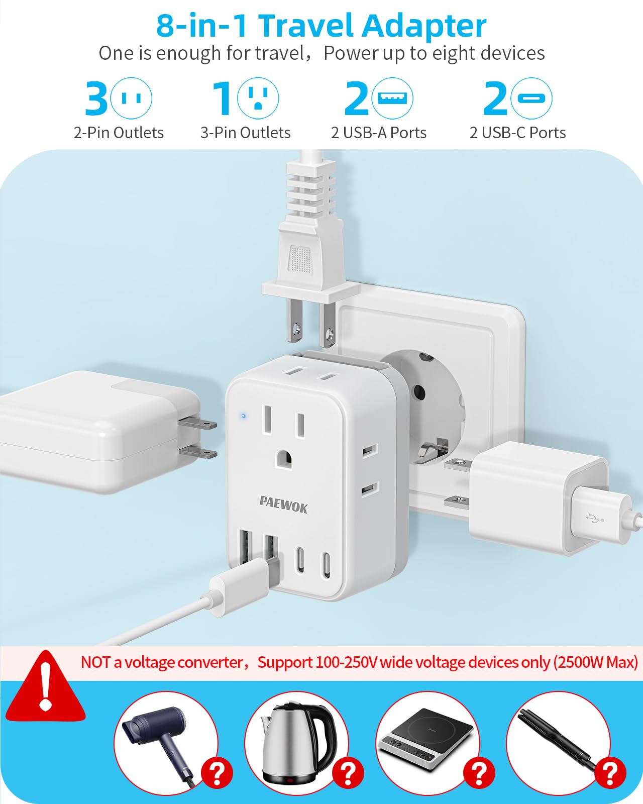 International Power Adapter Set, US to EU/UK/AUS/Japan Universal Travel Adapter- 4 AC Outlets 4 USB Ports (2 USB C), Worldwide Travel Plug Adapter Kit Include Type F/G/I/C/B/A Detachable Charger Plug