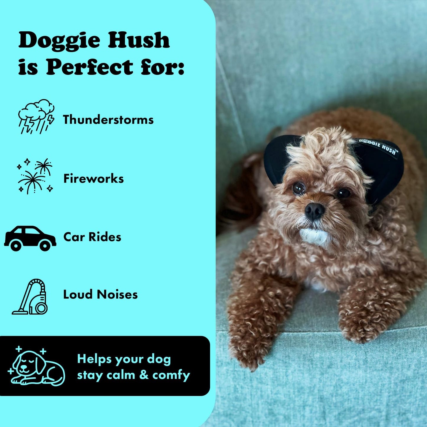Doggie Hush Dog Headphones - Dog Ear Muffs Noise Protection, Noise Canceling, Calming Ear Covers for Anxiety Relief, for Fireworks and Thunder - Large