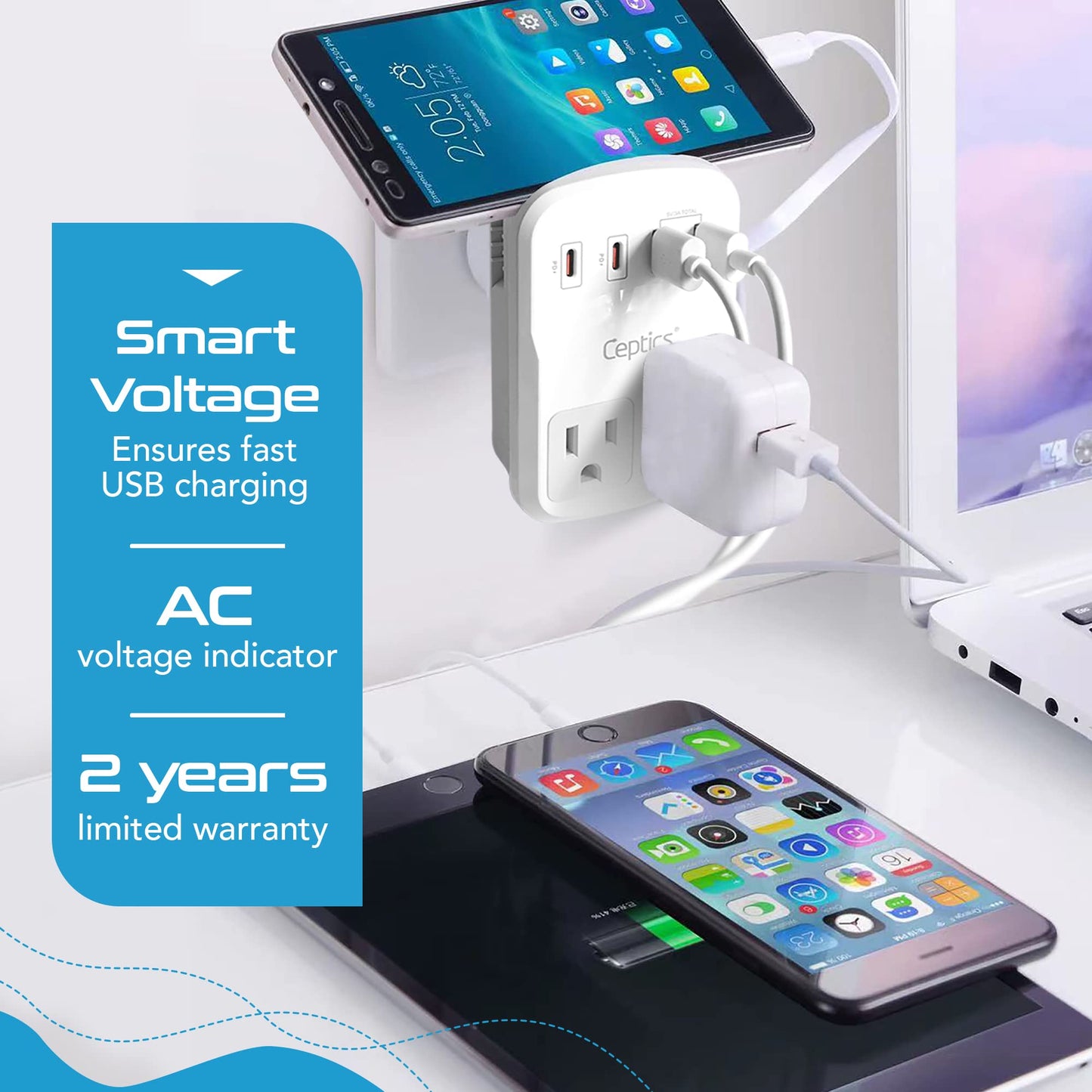Ceptics World Travel Adapter Kit 2 USB-A, USB-C US Outlets, 20W/QC 18W Power Delivery, Surge Protection, SWADAPT Compatible for Europe, UK, China, Australia, Japan Perfect Laptop (WPS-5B)