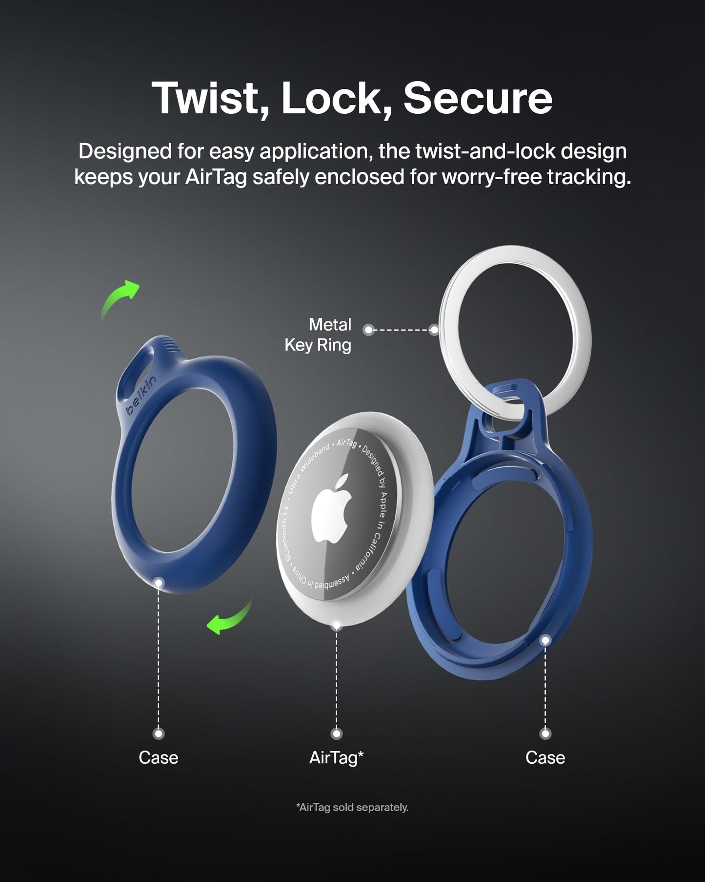Belkin Apple AirTag Secure Holder with Key Ring - Durable Scratch Resistant Case With Open Face & Raised Edges - Protective AirTag Keychain Accessory For Keys, Pets, Luggage, Backpacks - Blue