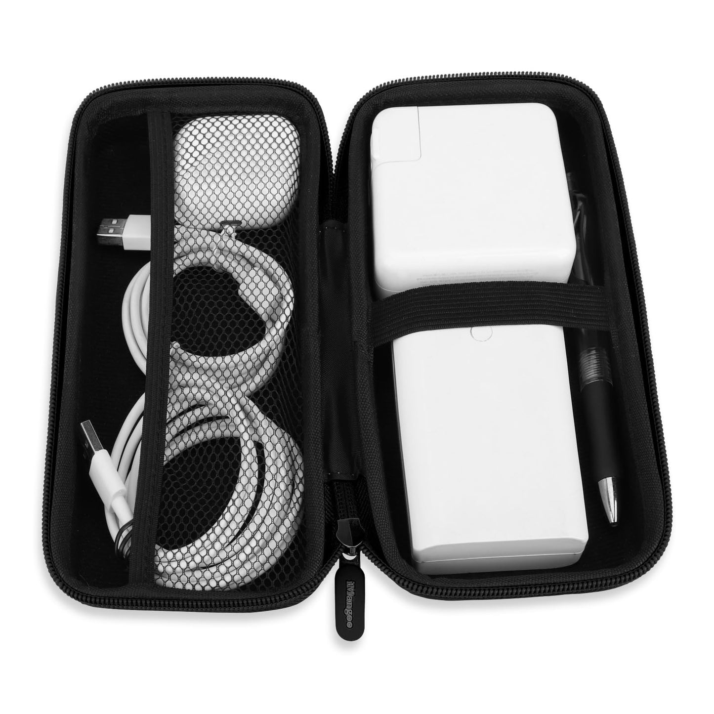 iMangoo Shockproof Travel Essentials Organizer Charger Case, Space-Optimized Zipper Electronics Accessories Pouch Tech Cord Cable Adapter Power Bank Storage for Women Men, 8.5x4.5x2 in (Fiber Black)