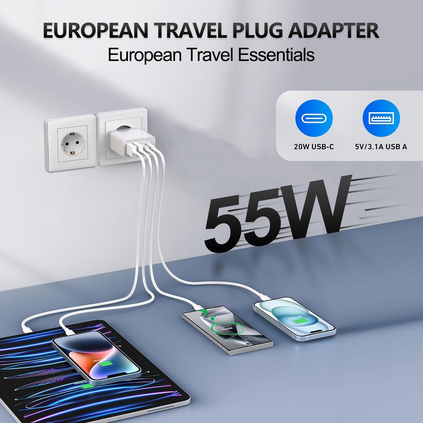 European Travel Plug Adapter USB C, 55W USB C European Charger 4-Port Fast Charger Type C Wall Charger USA to Europe Plug Adapter for iPhone 16 15 14 13 12 11 Pro Max XS X 8, Galaxy, Android