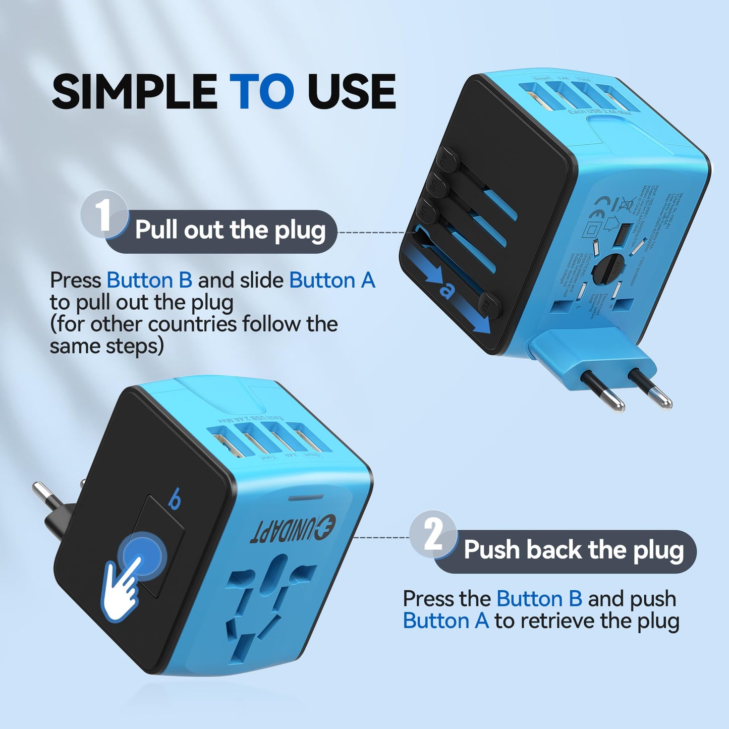 Unidapt Universal Travel Adapter, International Plug Adapter Fast 2,4A 4-USB European Power Plug, AC Wall Charger – Worldwide Outlet for Europe US USA UK EU AUS, Blue