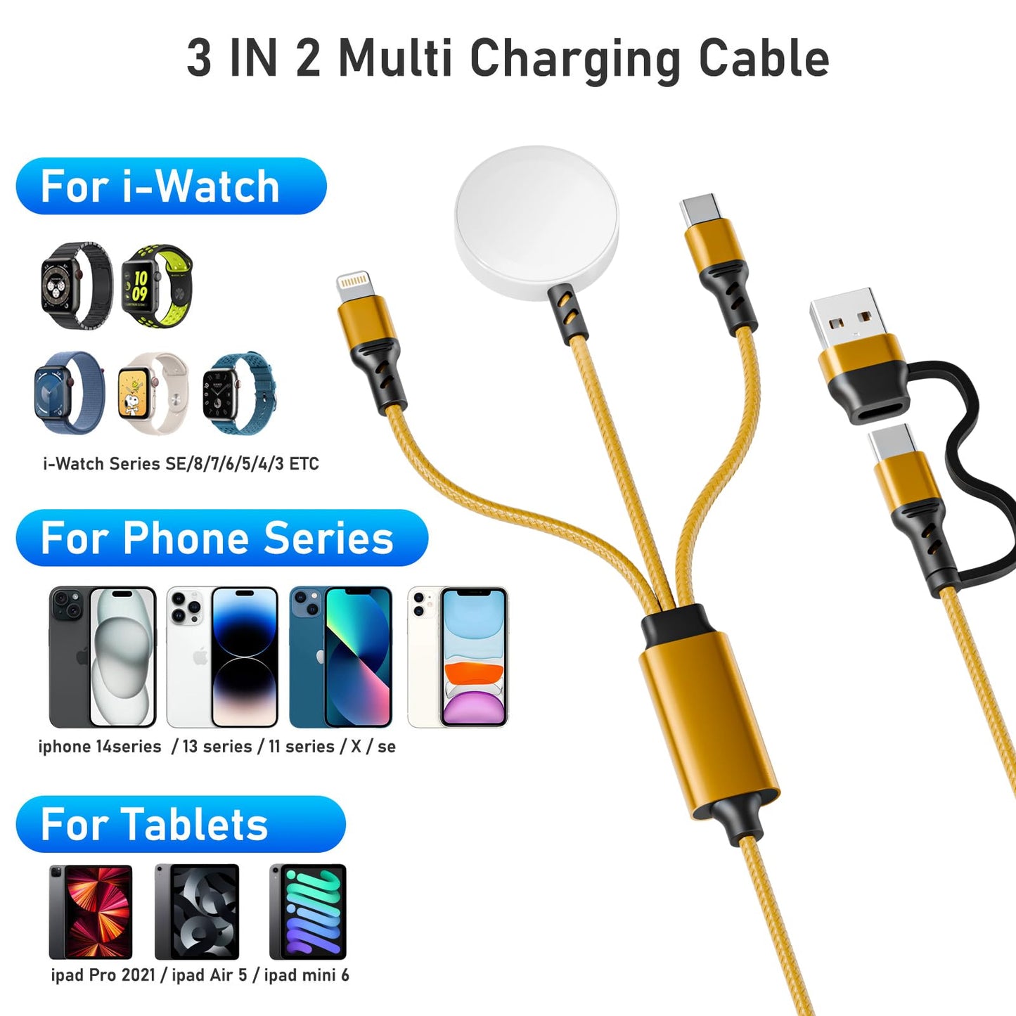 Multi 3 in 2 Charging Cable for Apple Watch Charger, Travel for iPhone Charger USB C Lightning Fast Charging Cable Compatible with iWatch Ultra/SE/9/8/7/6/5/4/3/2/1 & iPhone 15/14/13/12/11/Galaxy S23