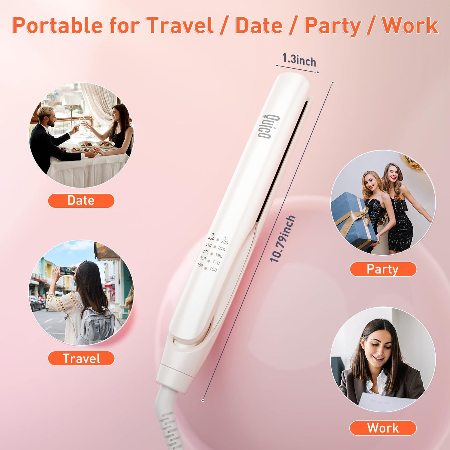 Quico Flat Iron Hair Straightener, 100-240V Dual Voltage Travel Hair Straightener and Curler with 15s Heat Up, Professional Negative Ion Ceramic Flat Iron for Less Frizz, 5 Temp & Auto Shut-Off