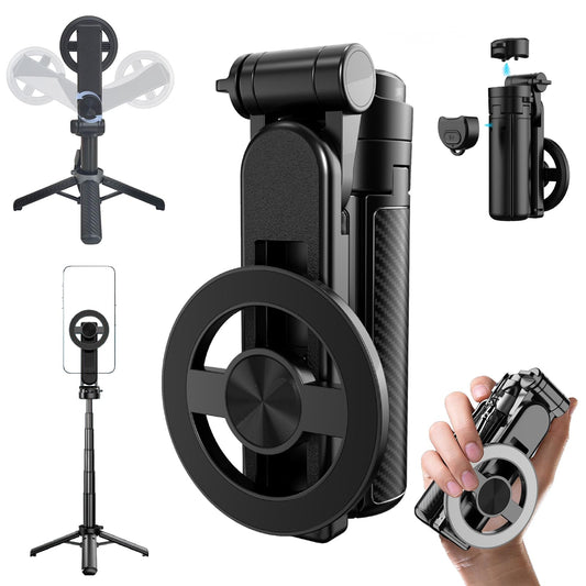 2025 New 4-in-1 Multifunctional Magnetic Selfie Stick, 360° Rotation Phone Tripod with Wireless Remote for iPhone & Android, Phone Stand for Video Recording & Vlogging - Portable Travel (Black)