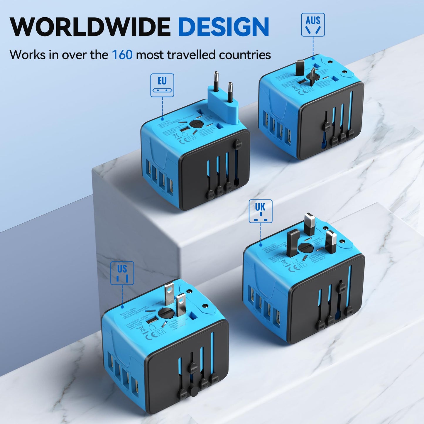 Unidapt Universal Travel Adapter, International Plug Adapter Fast 2,4A 4-USB European Power Plug, AC Wall Charger – Worldwide Outlet for Europe US USA UK EU AUS, Blue