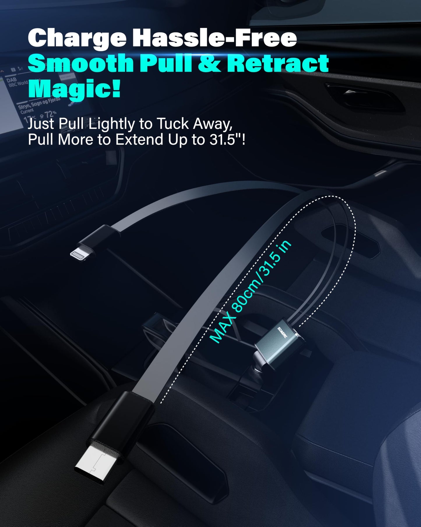 Soagrc Retractable Car Charger 69W, 4 in 1 Fast Charging Car Accessories for iPhone 16/15/14, Android Compatible, USB C, Travel Essentials Gifts for Men & Women